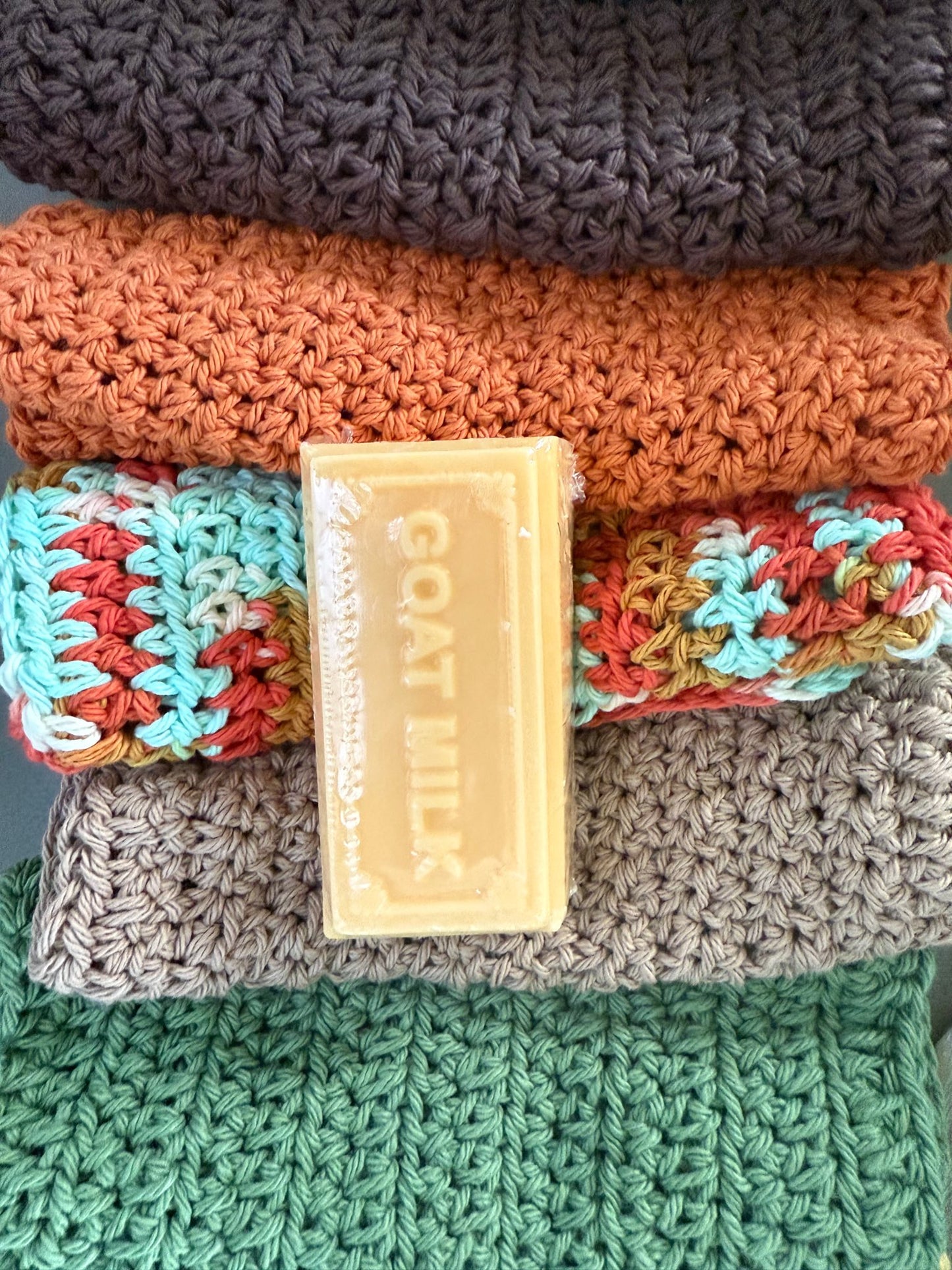 Set of Three Fall Inspired Crocheted dish/wash cloths and three Goat Milk Soaps Bundle!