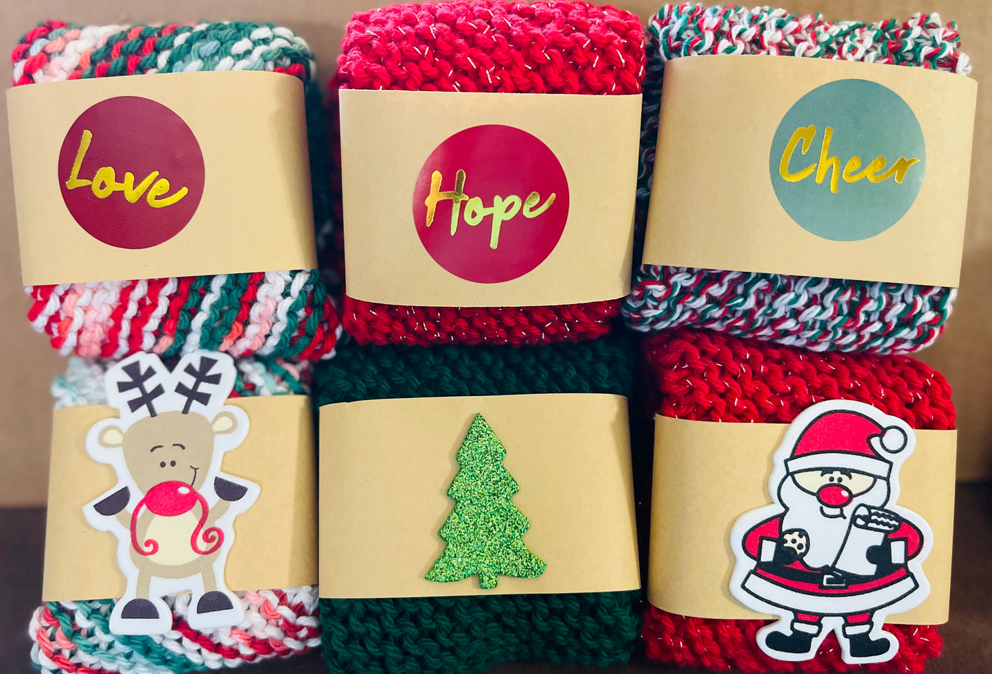 Set of Three Christmas Inspired Crocheted dish/wash cloths and three Goat Milk Soaps Bundle!