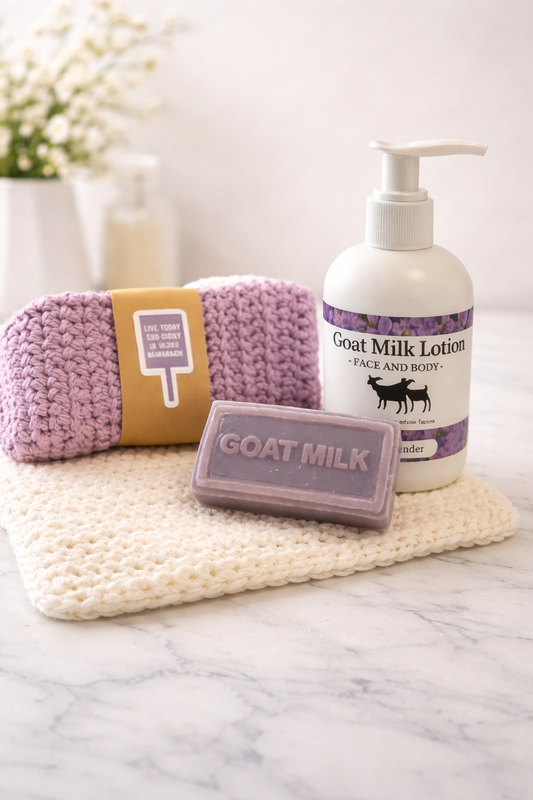 Goat Milk soap, lotion and hand crocheted wash cloth set 💜 - Simple Life Amish Store