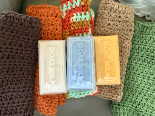 Set of Three Fall Inspired Crocheted dish/wash cloths and three Goat Milk Soaps Bundle!