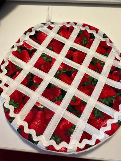 Amish made strawberry jam and strawberry potholder