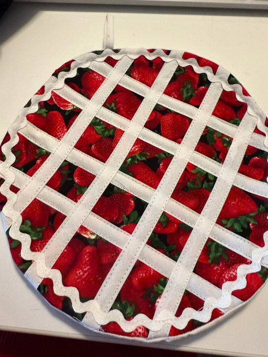 Amish made strawberry jam and strawberry potholder