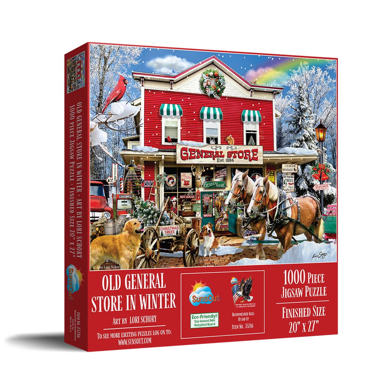 Jigsaw puzzle box featuring a winter scene with a general store, horses, and dogs.