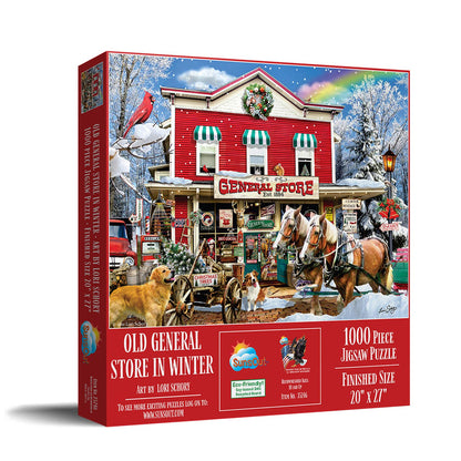 Jigsaw puzzle box featuring a winter scene with a general store, horses, and dogs.